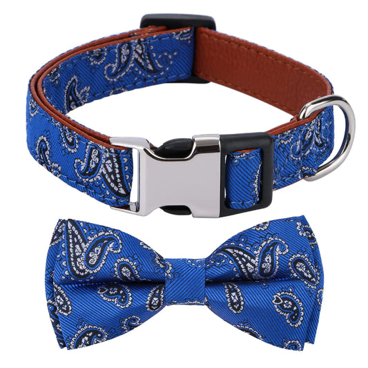 Blue Pattern Paisley with Bowtie Dog Collar